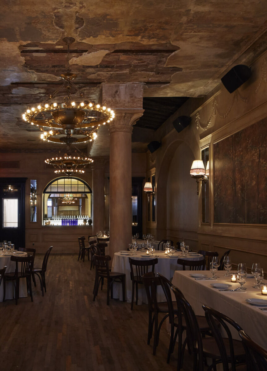 City Weddings: An indoor reception setup in the restored Hotel Chelsea in New York City.