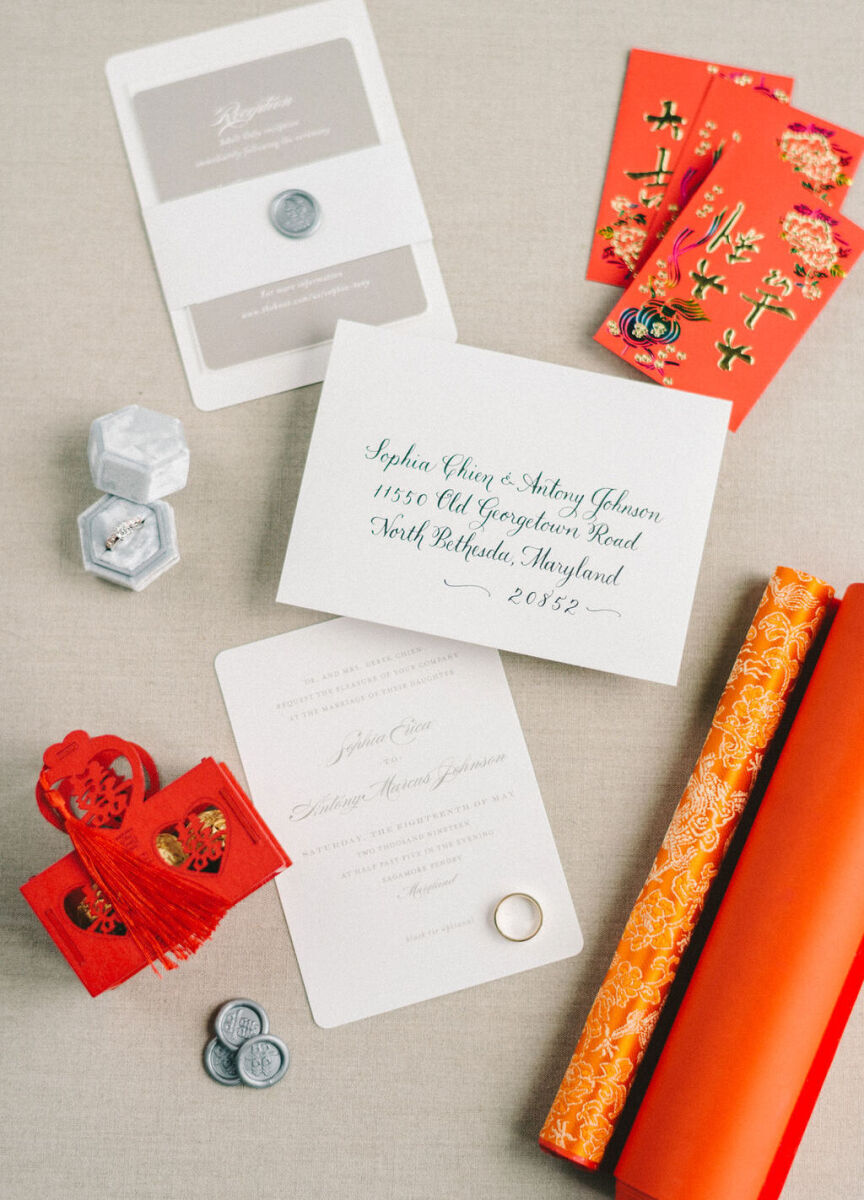 Wedding Traditions: Red and white stationery for a wedding that incorporated Chinese traditions.