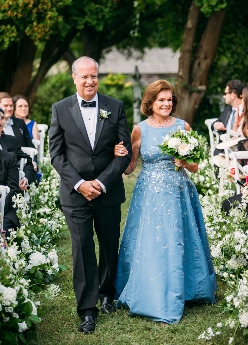 Best Mother of the Bride Dresses: Elegant cerulean blue with metallic appliqués and embroidery.