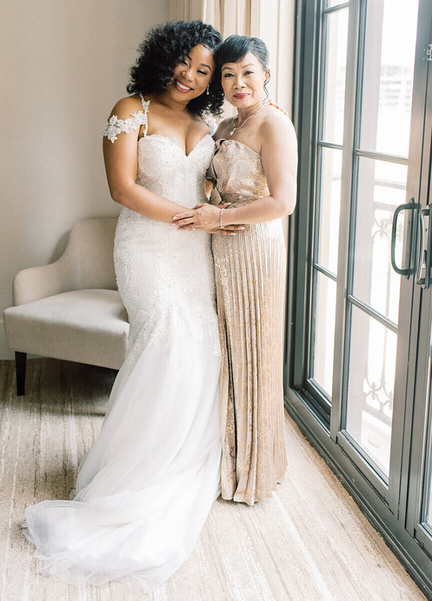 Best Mother of the Bride Dresses: A strapless golden gown that lets mom shine.