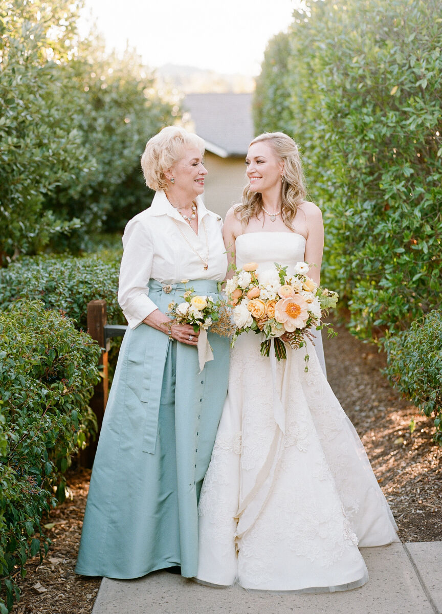 Best Mother of the Bride Dresses: A white shirt and pastel floor-length skirt is a classic winner.