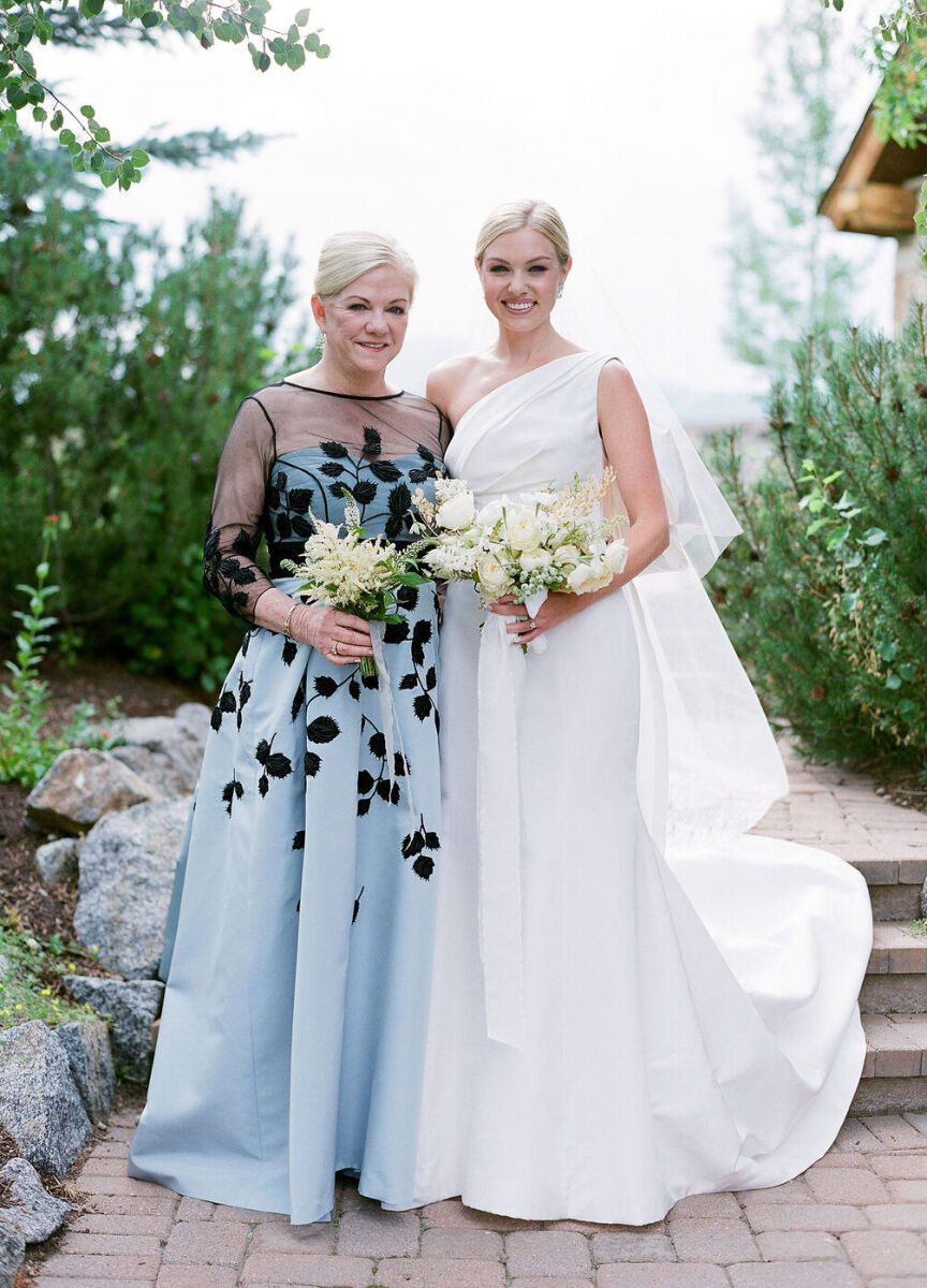 Best Mother of the Bride Dresses: A sheer overlay makes a pastel floral gown appropriate for all-seasons.