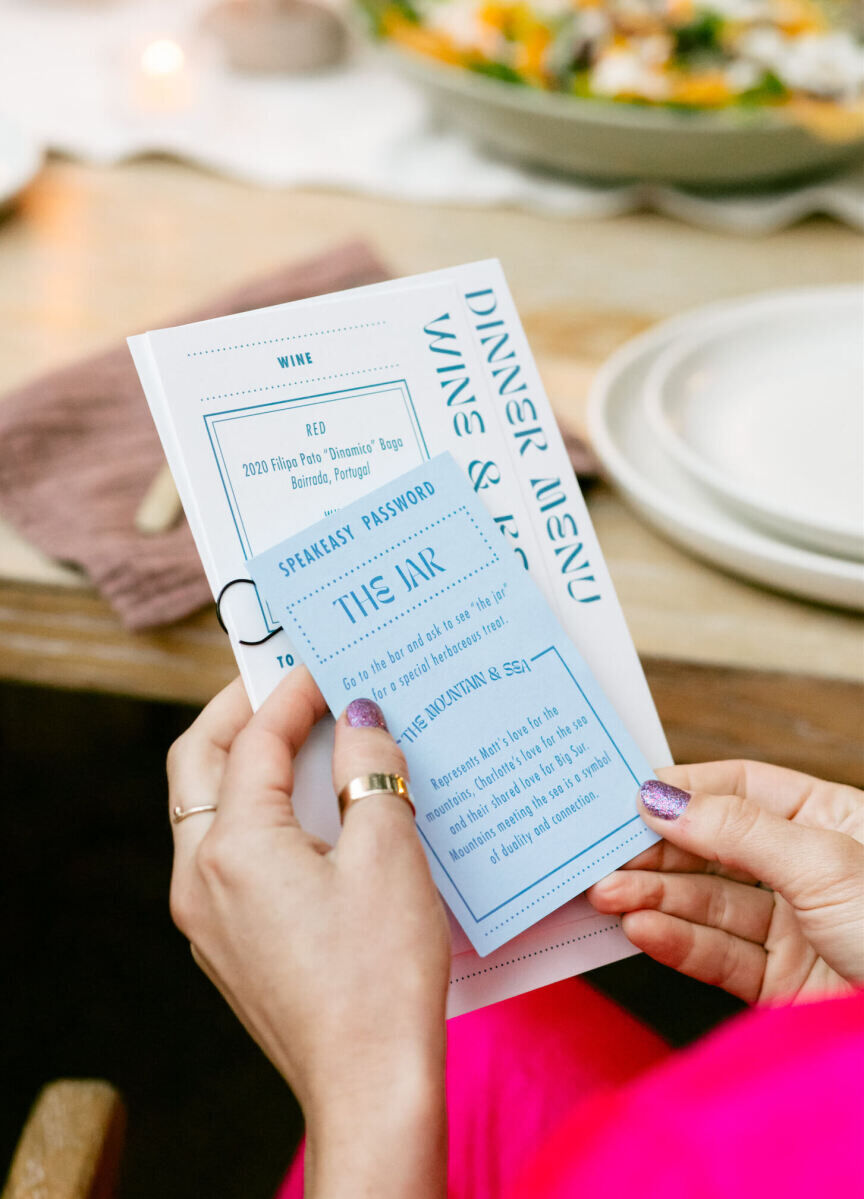 On the back of each place card at a Big Sur wedding, the password to get into the speakeasy after-party was printed.