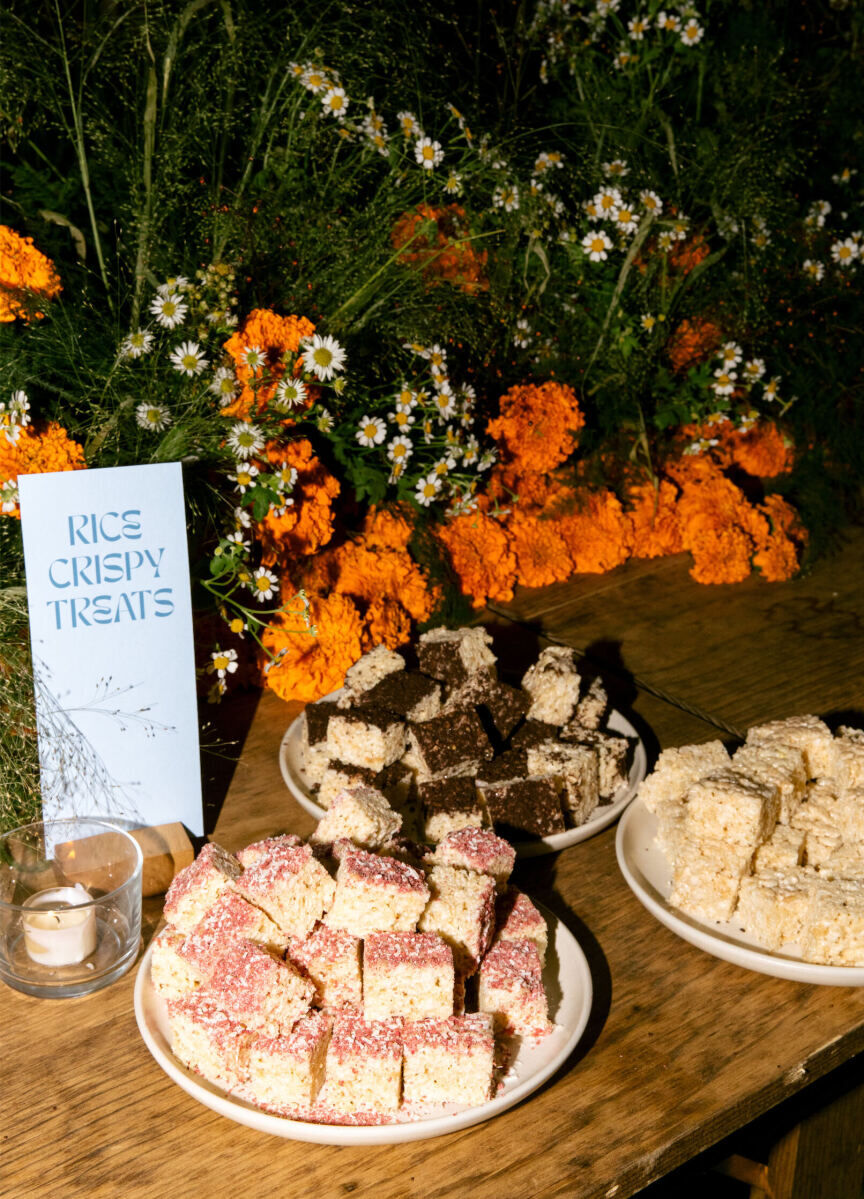 In addition to cake, rice crispy treats were served at a Big Sur wedding reception.