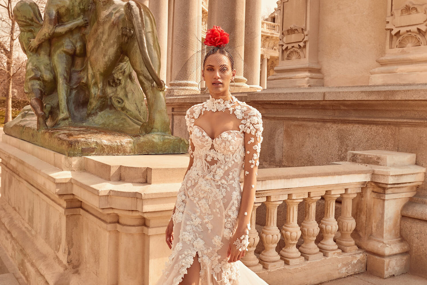 Bridal Fashion Week: A bride standing in a Galia Lahav gown on an outdoor terrace.