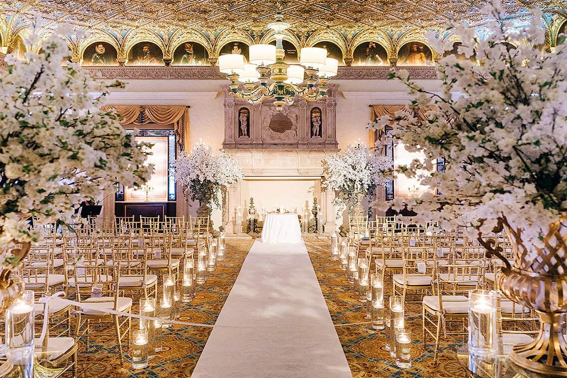 Celebrity Wedding: An indoor ceremony setup at an opulent venue in Palm Beach Florida.