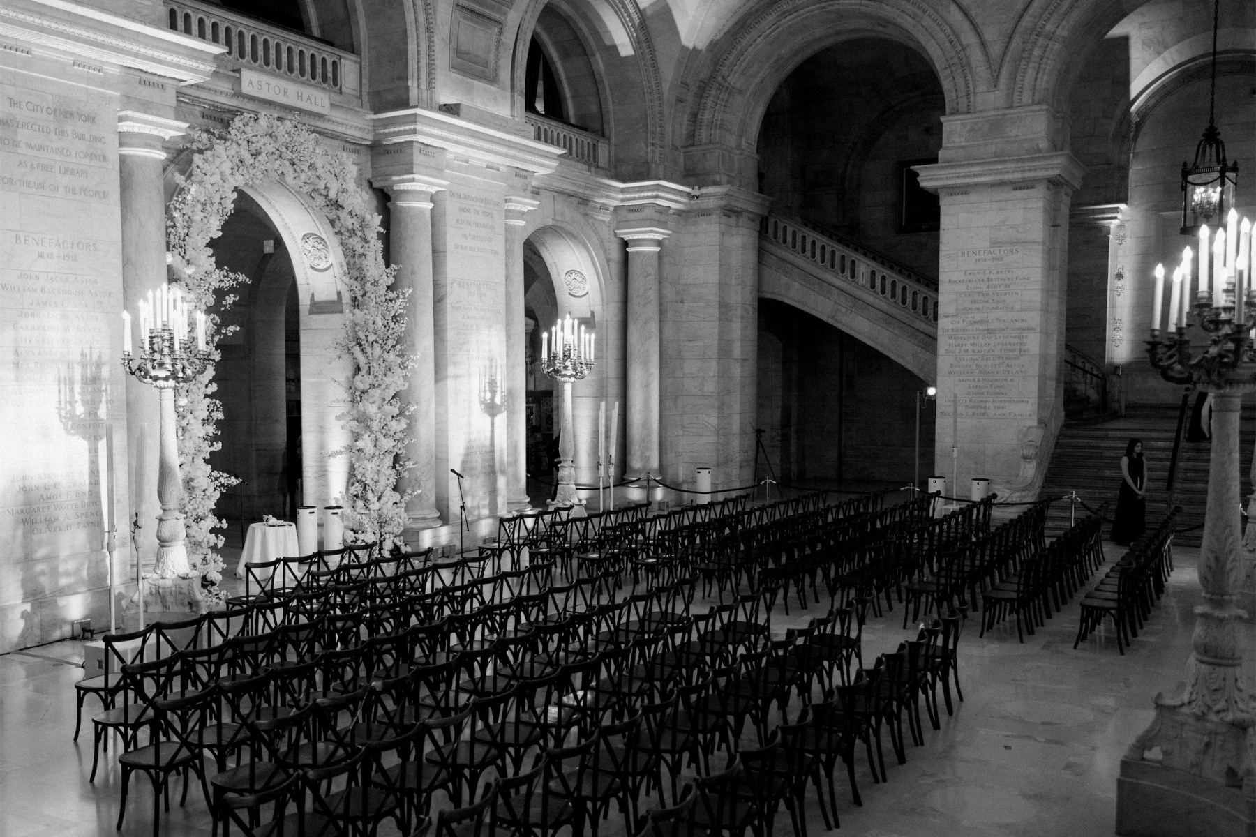 Celebrity Wedding: An evening indoor wedding setup in the New York Public Library. 