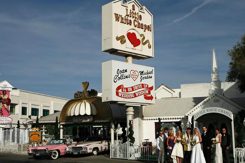Celebrity Wedding: The outside of the famous Little White Chapel in Las Vegas.