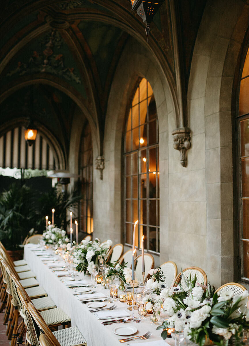 City Weddings: A long rectangular reception table at a wedding at Chateau Marmont in Los Angeles, California.