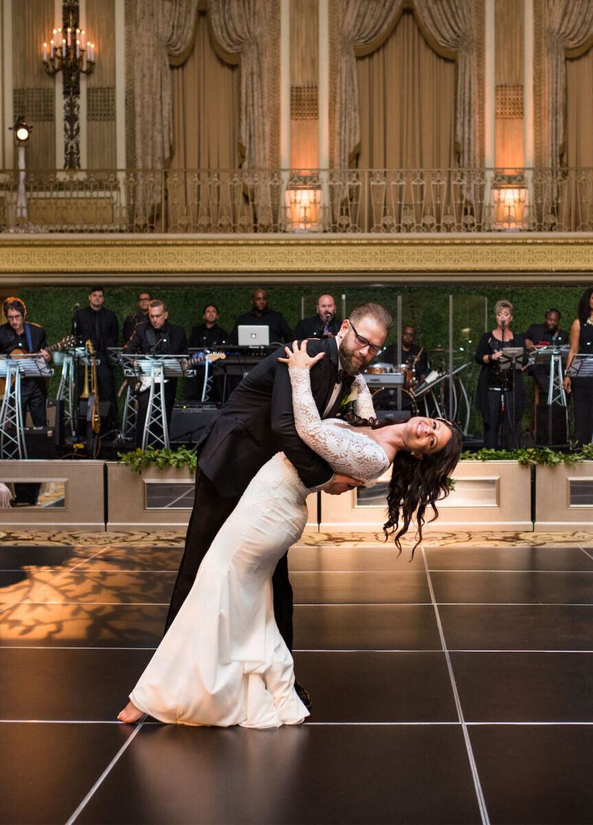 City Weddings: A groom dips a bride on a dance floor at Palmer House in Chicago.