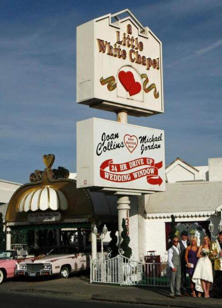 City Weddings: An outside view of the famous drive-through Little White Chapel in Las Vegas.