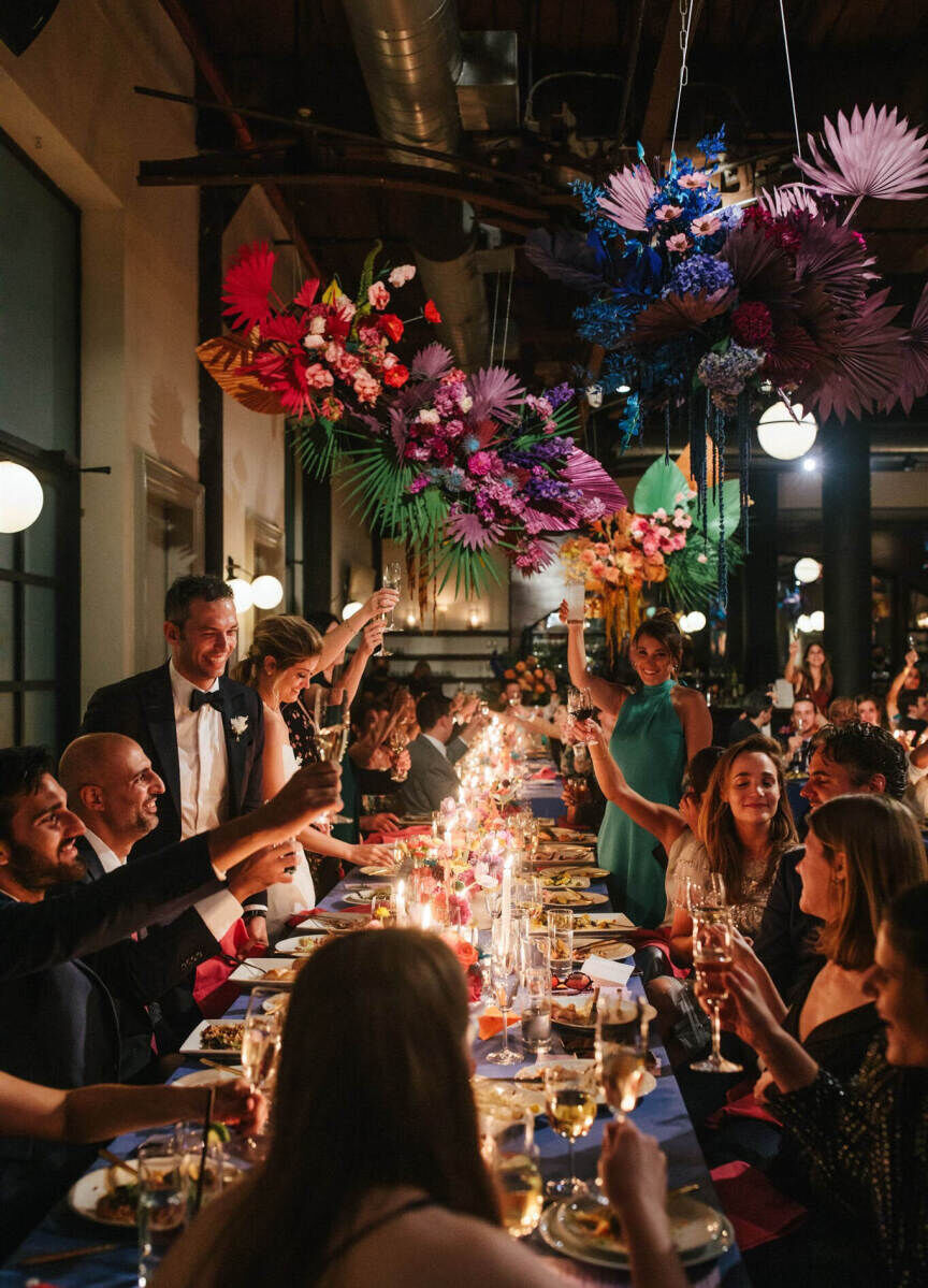 Best Places for a Colorful Wedding: A colorful and dimly lit reception setup at the Wythe Hotel.