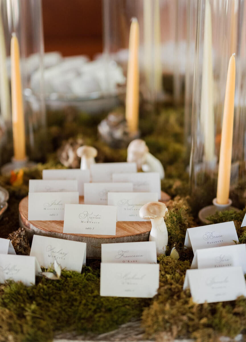 An escort card display showcasing the cottagecore wedding style of the day, complete with tree slices, mushrooms, and lots of moss.