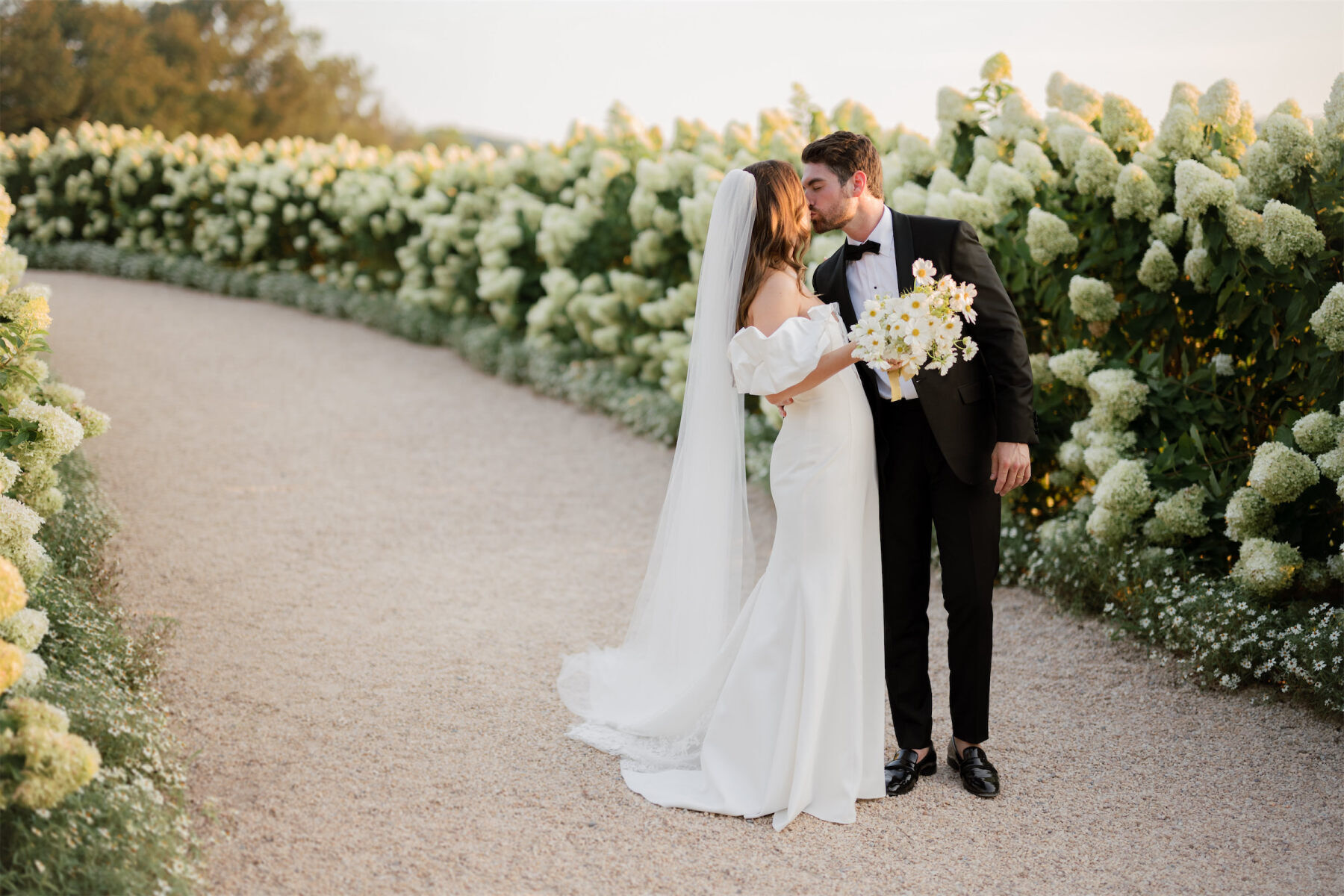 A bride and groom kiss at dusk in front of a hydrangea-lined pathway at Pippin Hill Farm & Vineyards.