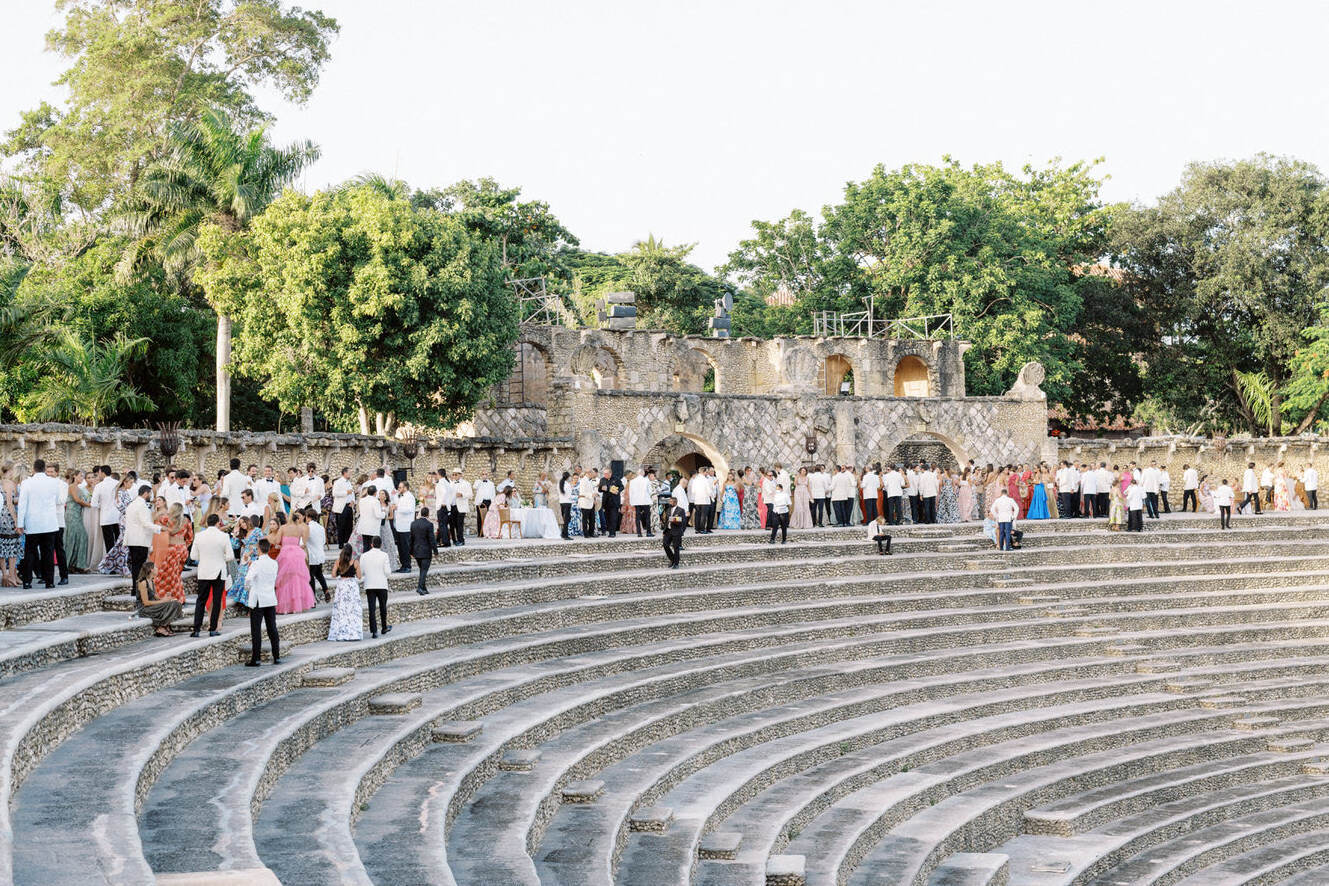 The cocktail hour for this destination wedding took place in an old amphitheater.