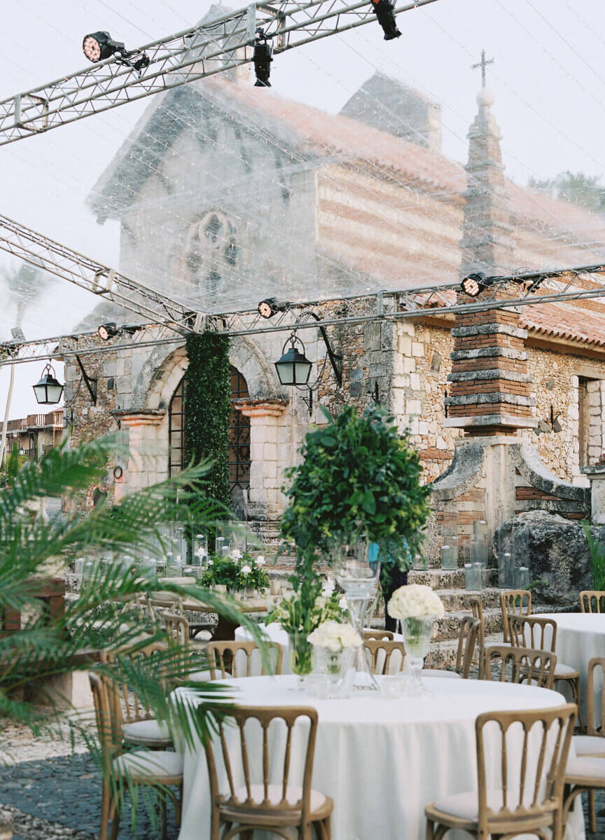 The setting for a destination wedding reception offered jungle views on one side, and the old church on the other.