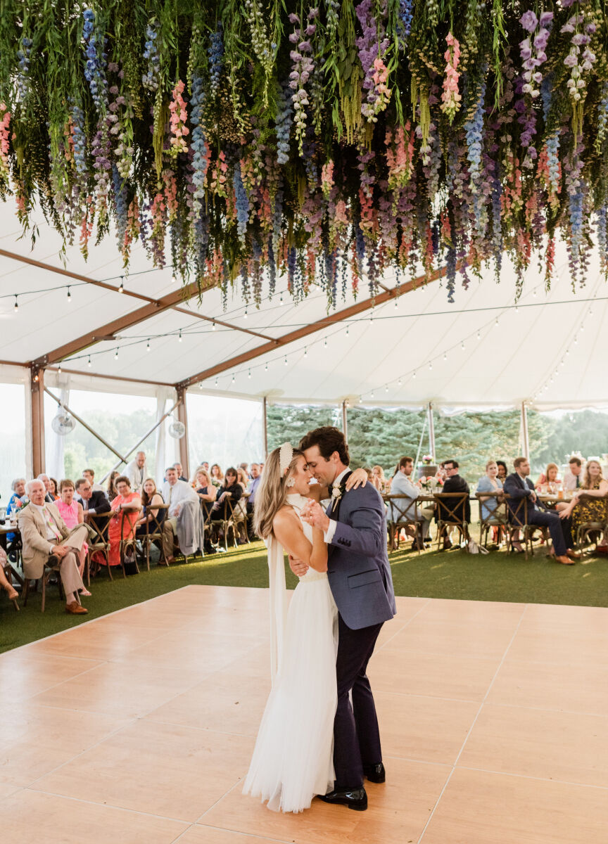 Wedding Cost Surprises: A couple dancing under a hanging floral installation.