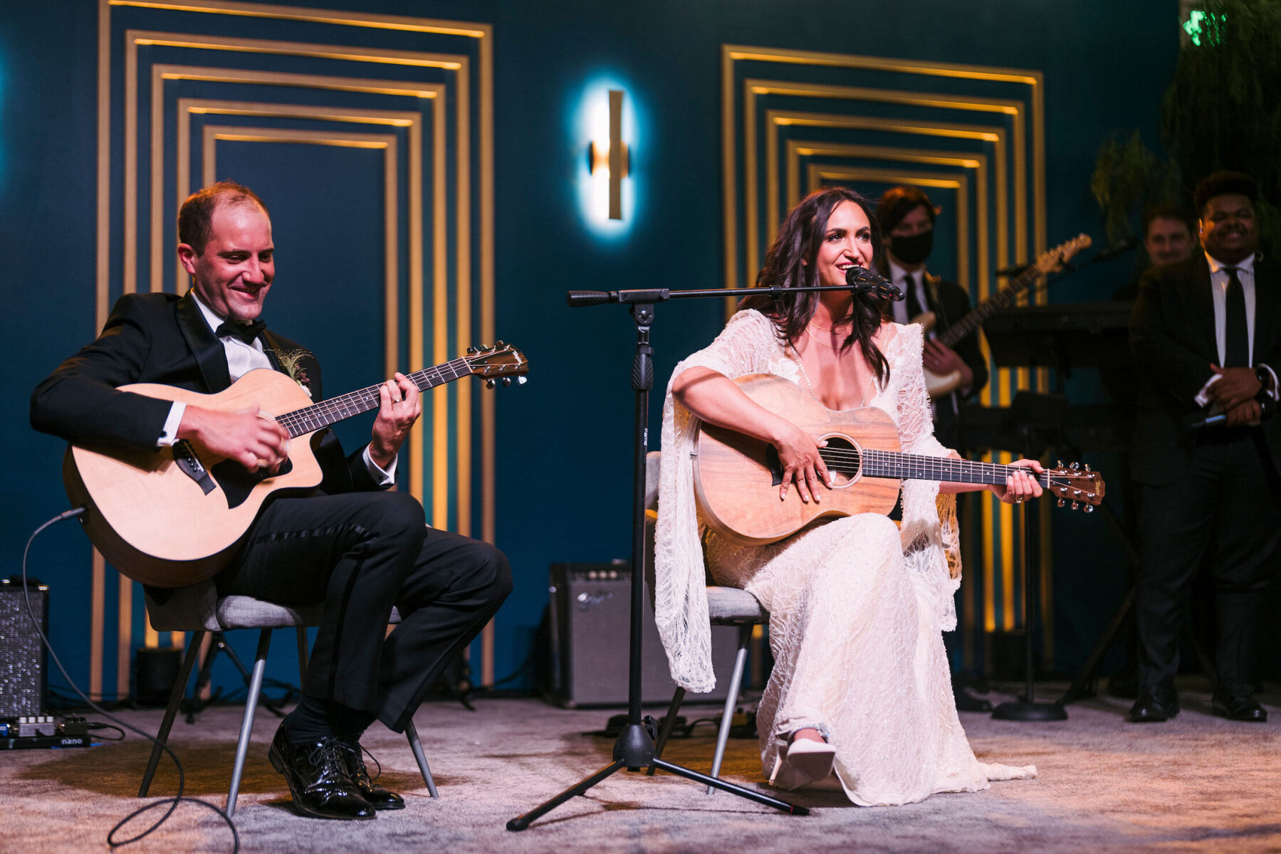 Instead of a first dance, a couple performed a first song at their glam enchanted wedding.