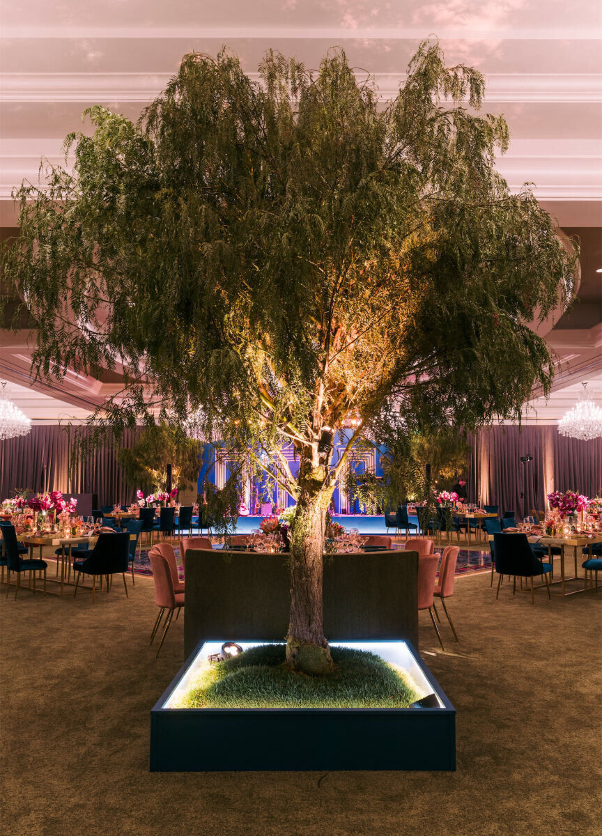 The groom's Georgia roots were honored with trees that were incorporated into the decor of this glam enchanted wedding in a hotel ballroom.