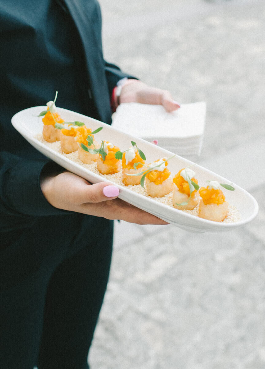 A variety of passed appetizers were served during a glam, garden wedding at Vizcaya.