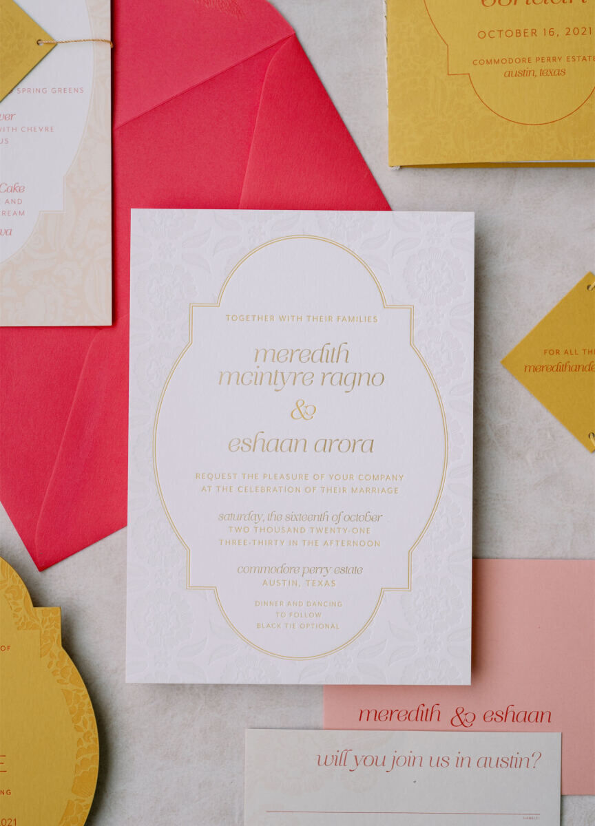 An invitation suite for an Indian fusion wedding was designed in shades of pink, yellow, and peach, with letterpress elements.
