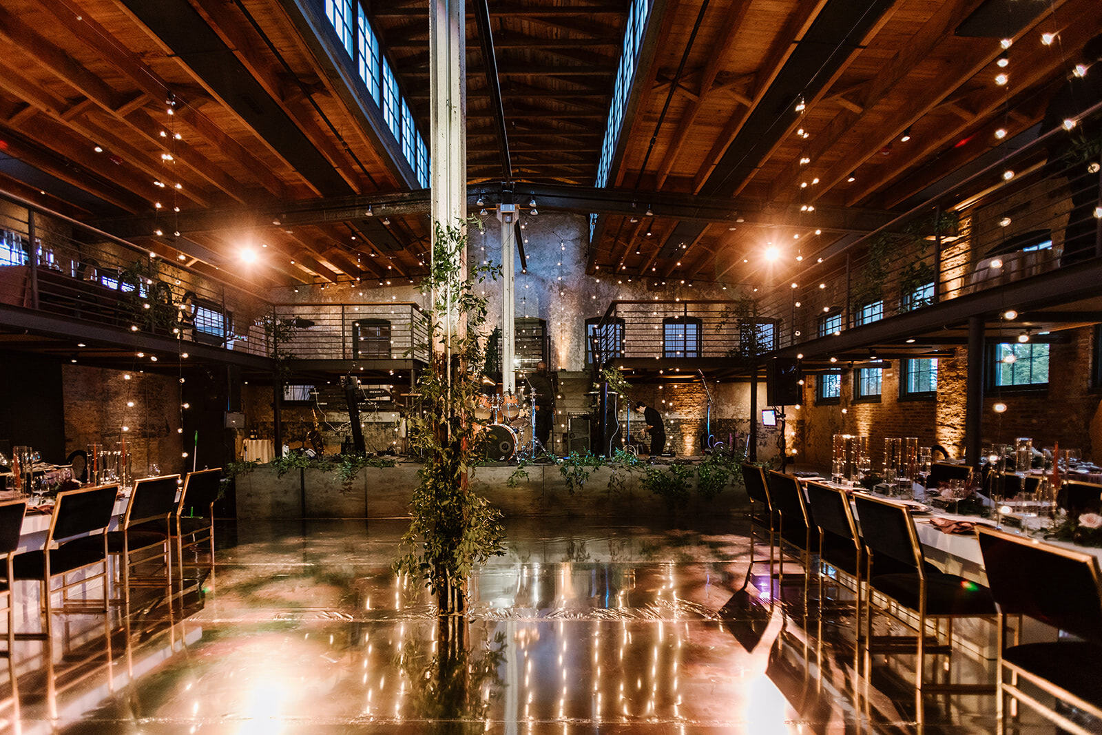 An industrial wedding venue in Baltimore, Maryland, set for an autumnal reception.