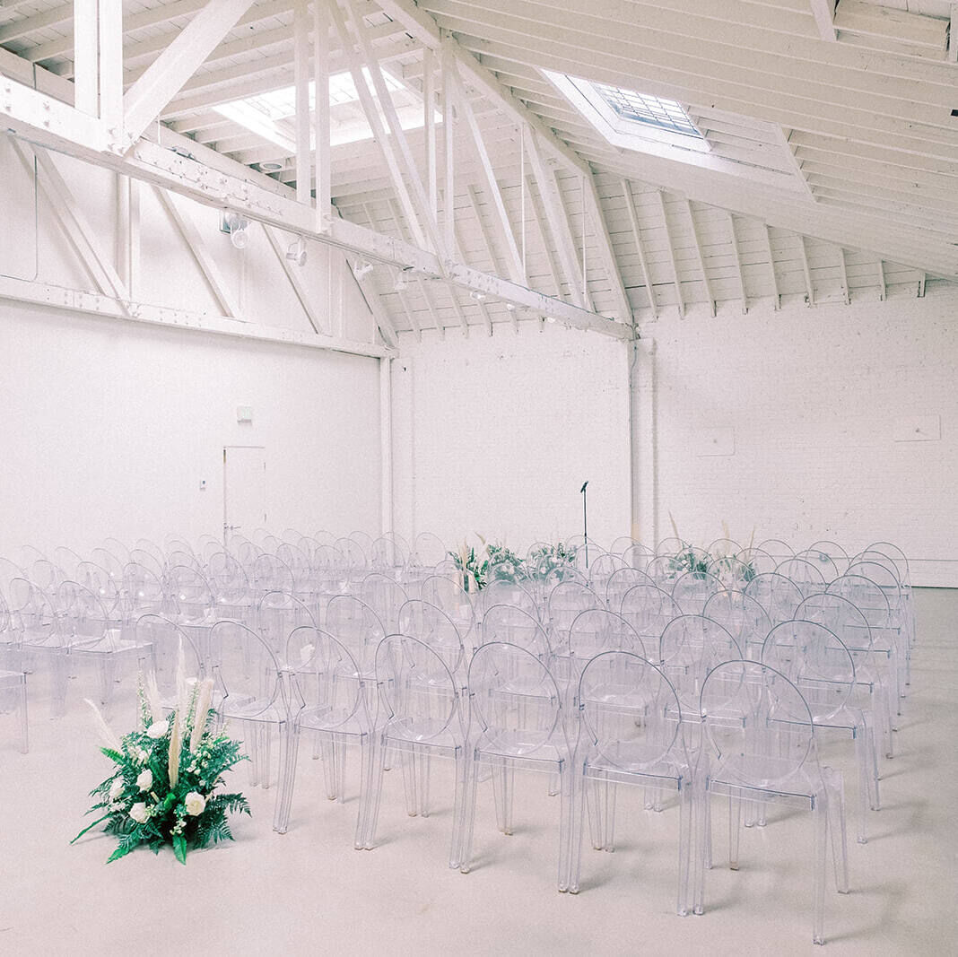 A minimalist wedding ceremony setup at Honeypot in Los Angeles.