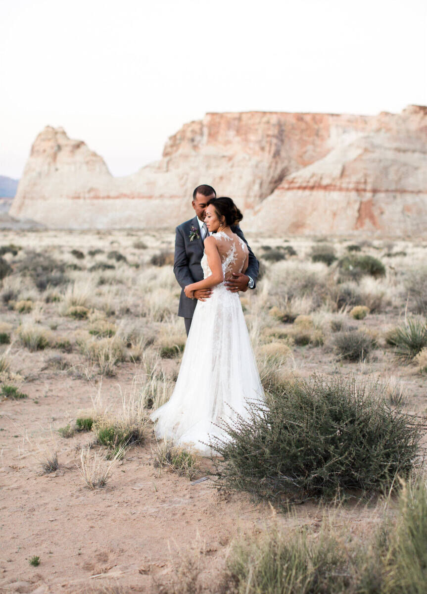 Best Places for a Minimalist Wedding: A bride and groom at Amangiri.