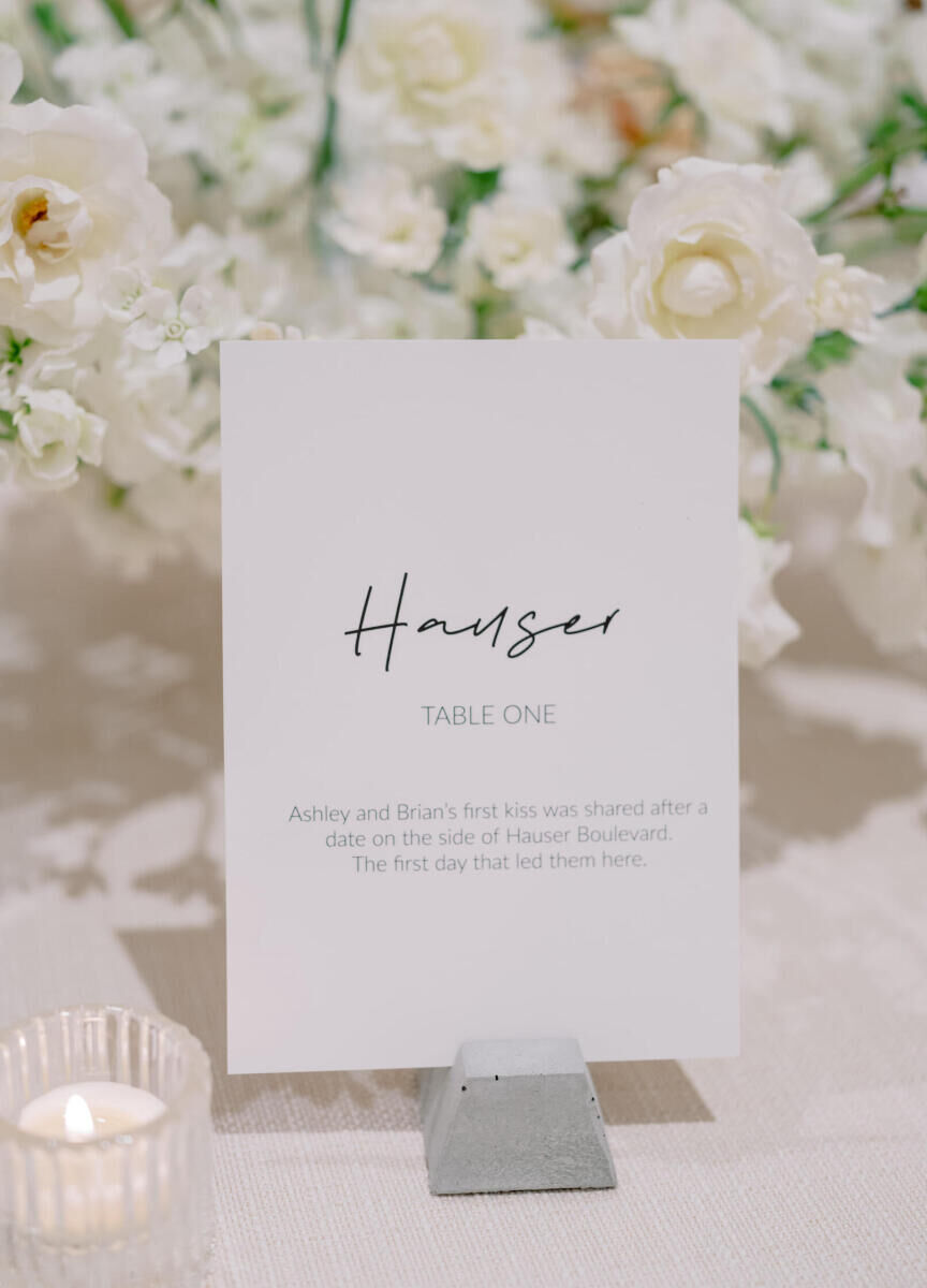 At this modern California wedding, tables were named after important streets where key moments of the couple's relationship took place, and the signage on each table outlined the significance.