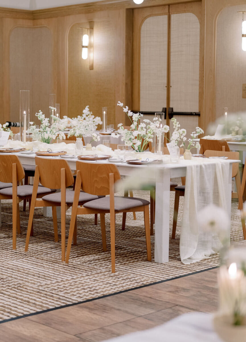 The reception of a modern California wedding moved inside, where neutral shades added warmth but kept it sleek.