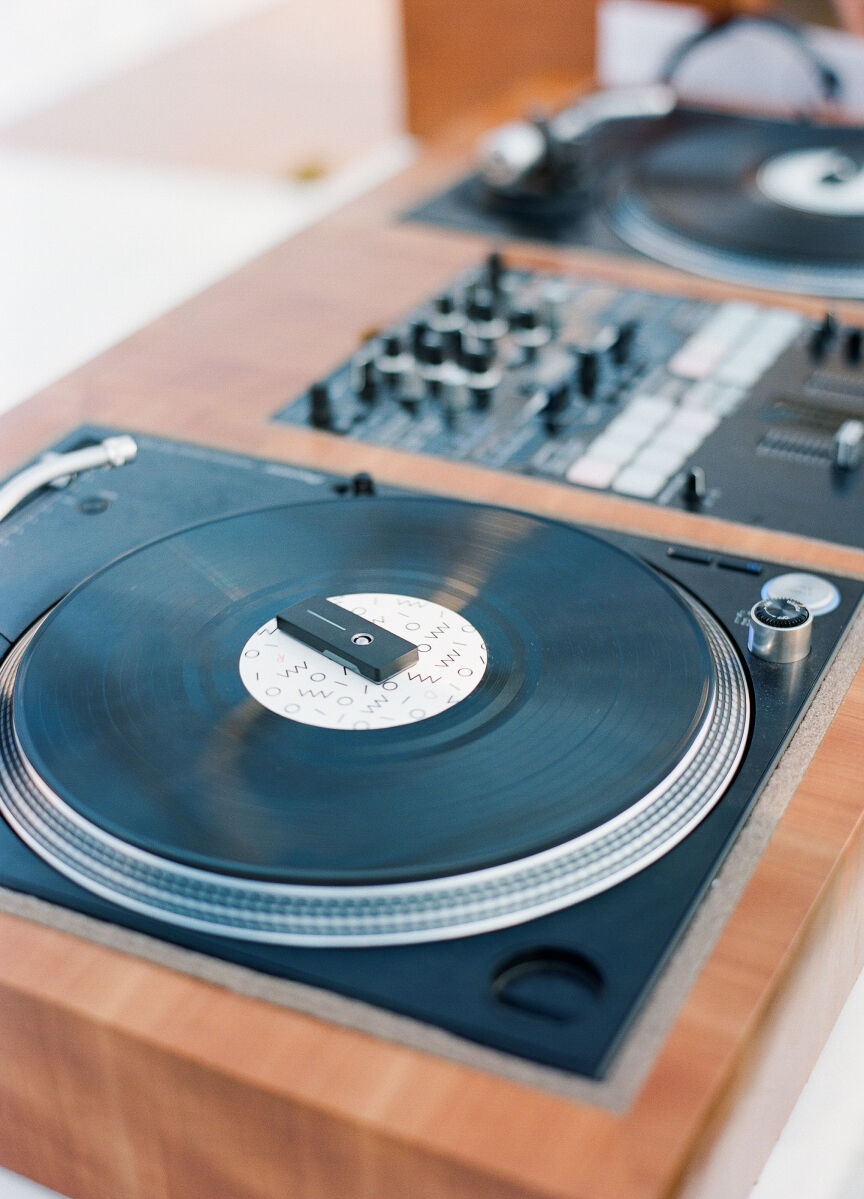 A DJ's turntable, used to play during the ceremony and reception of a California wedding.