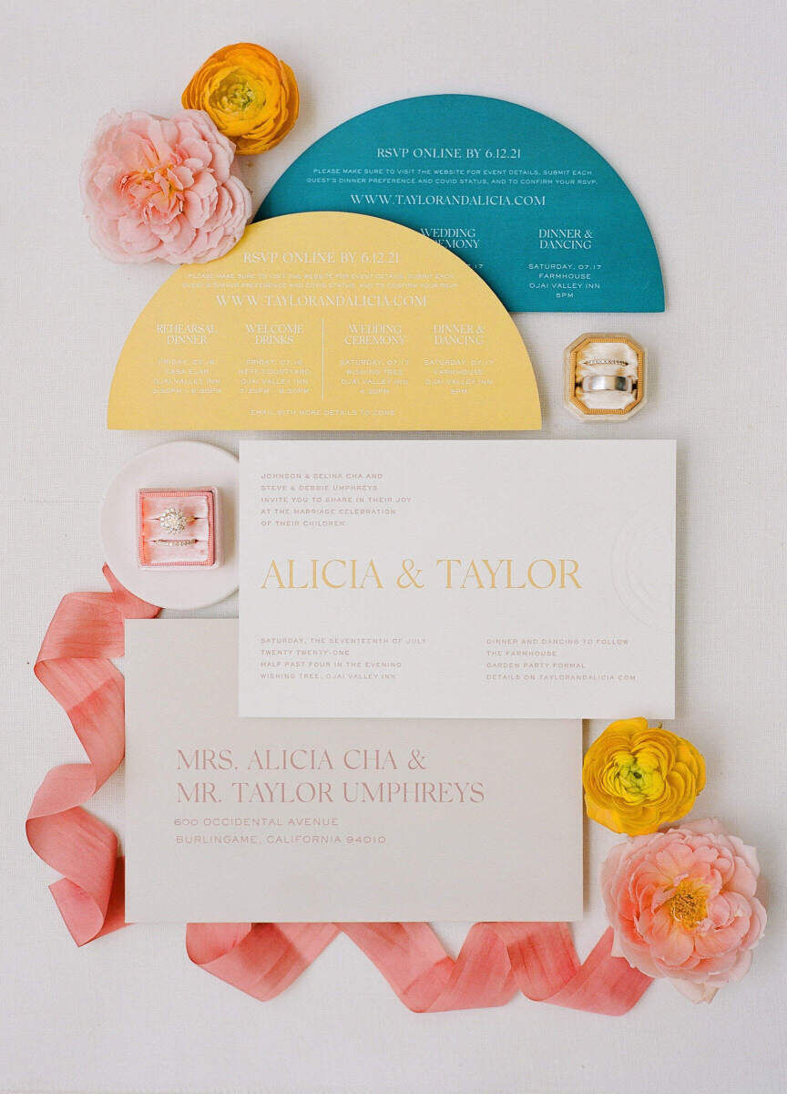 A modern wedding invite with semi-circular response cards.