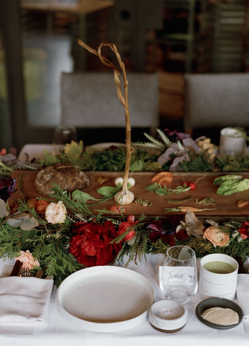 Restaurant Weddings: A place setting at Blue Hill at Stone Barns with fresh produce in the middle of the table.