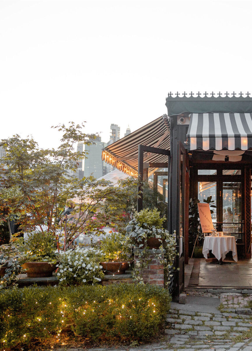 Romantic Wedding Venues: The River Cafe in Brooklyn, New York at dusk.