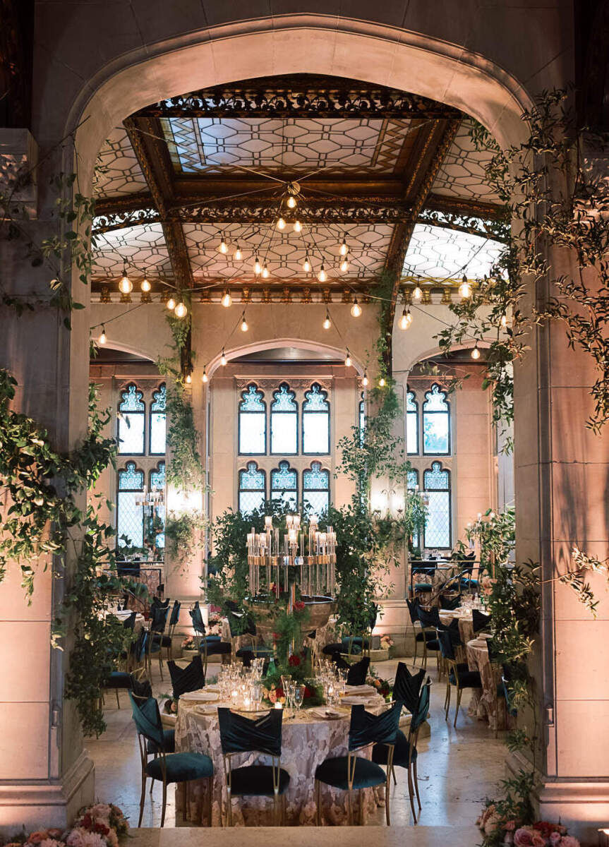 Romantic Wedding Venues: A romantic, grand indoor reception setup at Sands Point Preserve Conservancy.