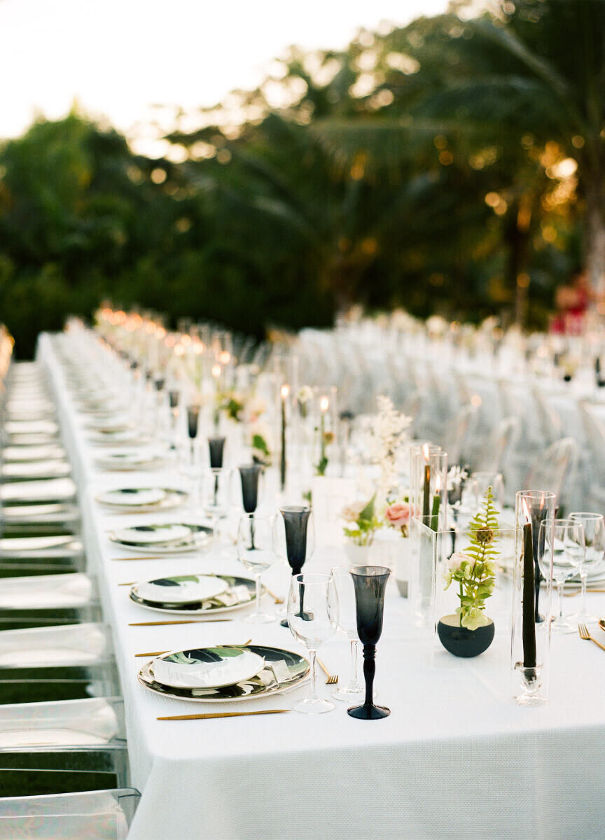 Tropical Wedding: Reception long tables set at an outdoor wedding in the Dominican Republic.