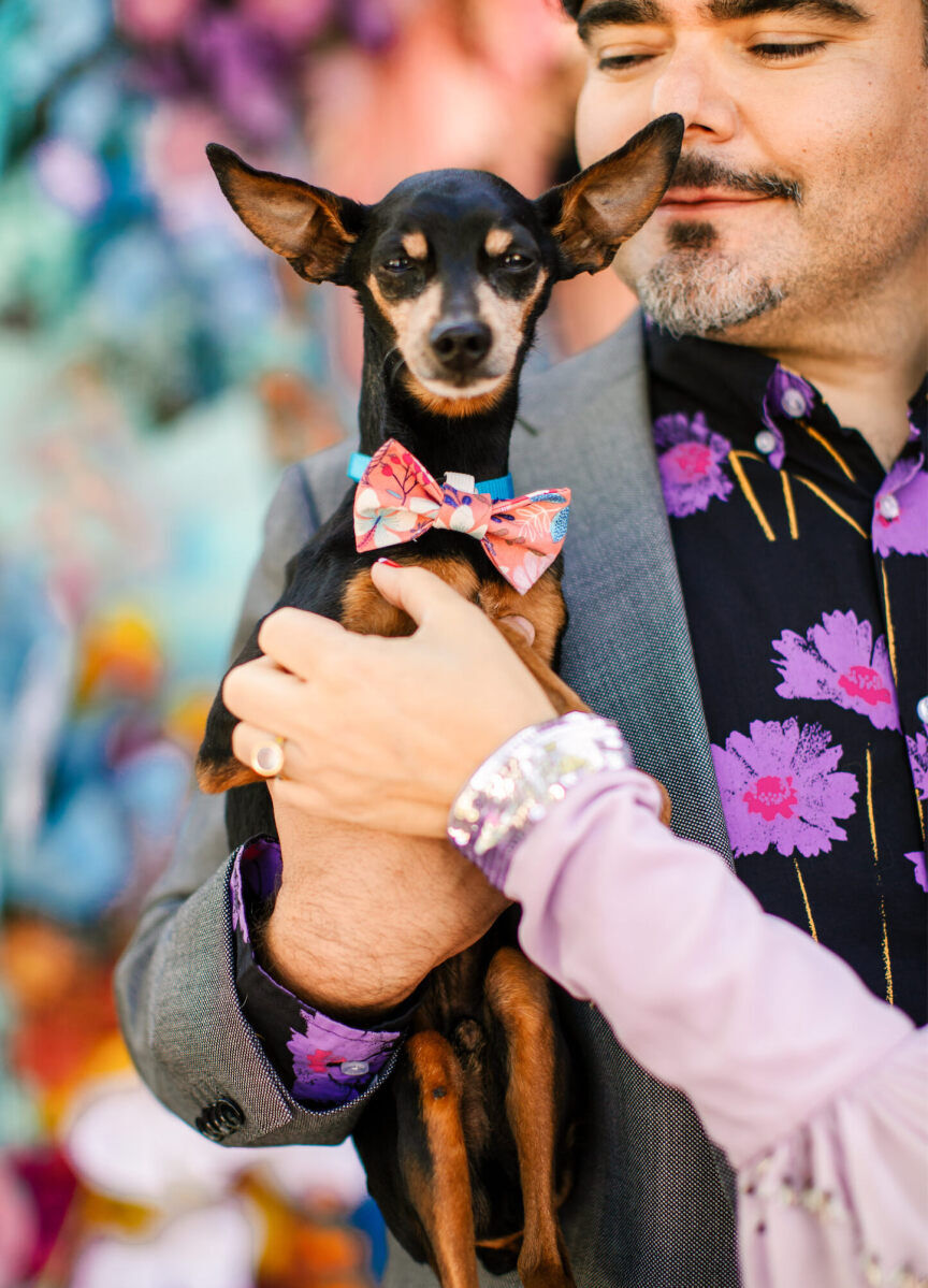 A bride and groom hold their miniature pinscher pup, who got in on the colorful dress code of their vibrant outdoor wedding by wearing a patterned bow tie.