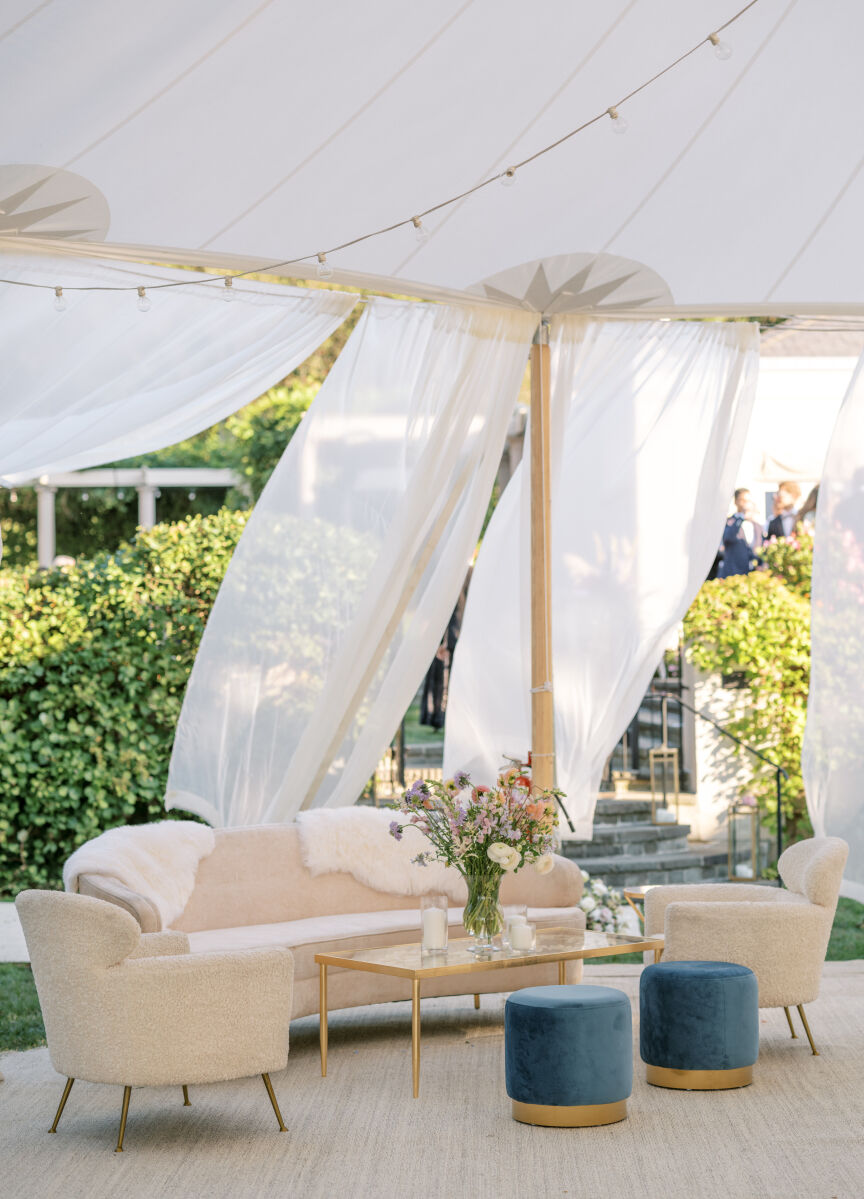 The tones of this modern lounge setup were perfect for the waterfront wedding.
