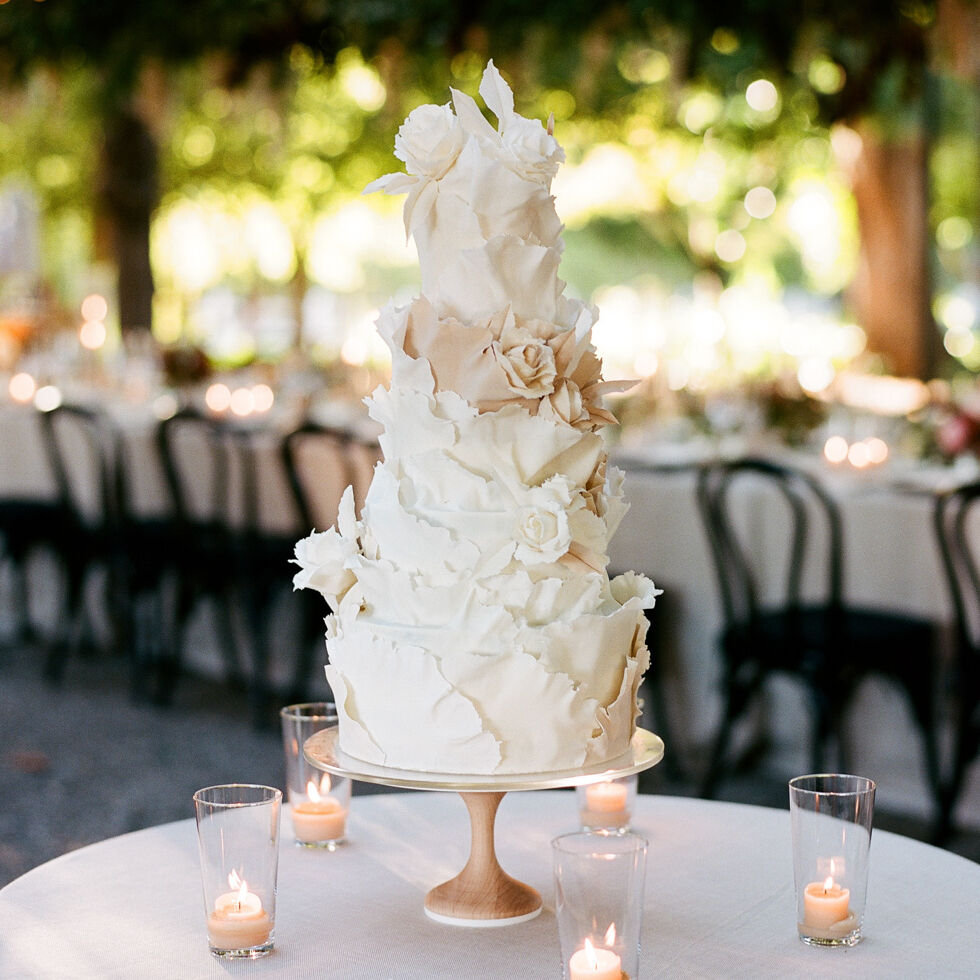 Wedding cake bakery: tiered, textured wedding cake. 