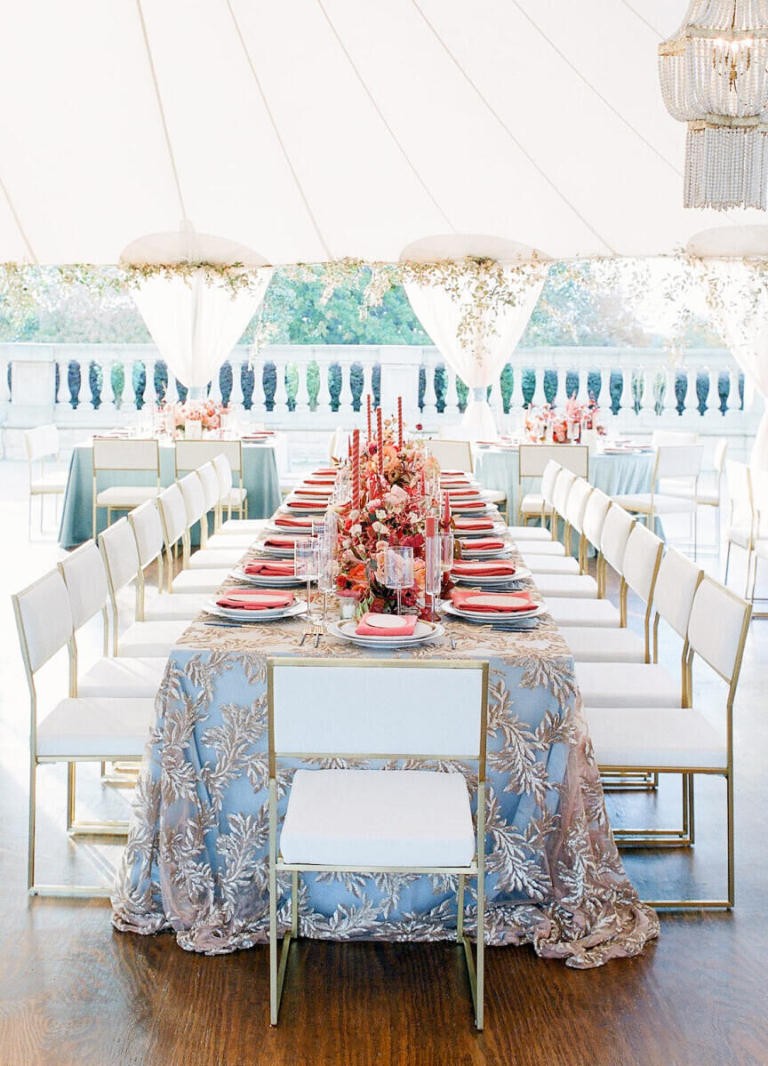 Wedding details: A long reception table at a tented wedding