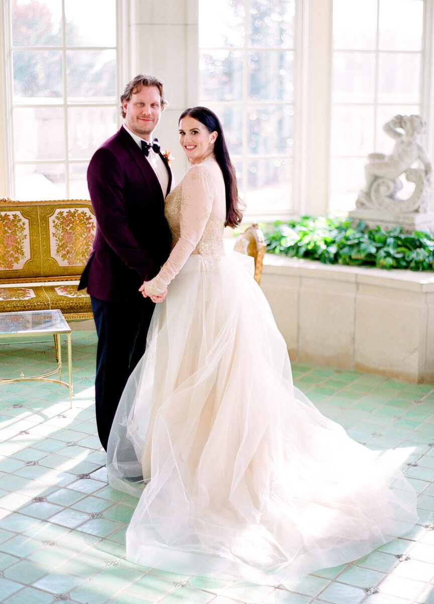 Wedding details: a groom and bride inside The Olana in Texas