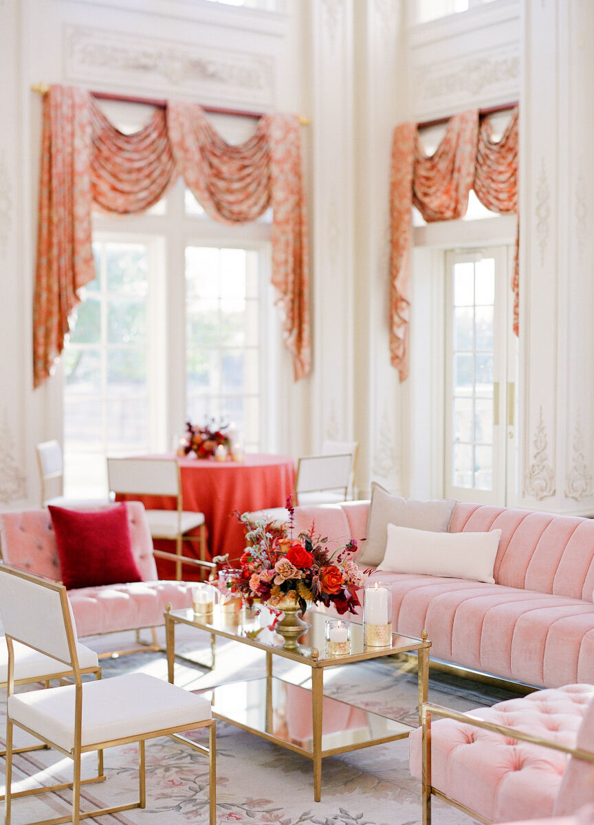 Wedding details: pink and red rental furniture at Kirby & Adam's wedding