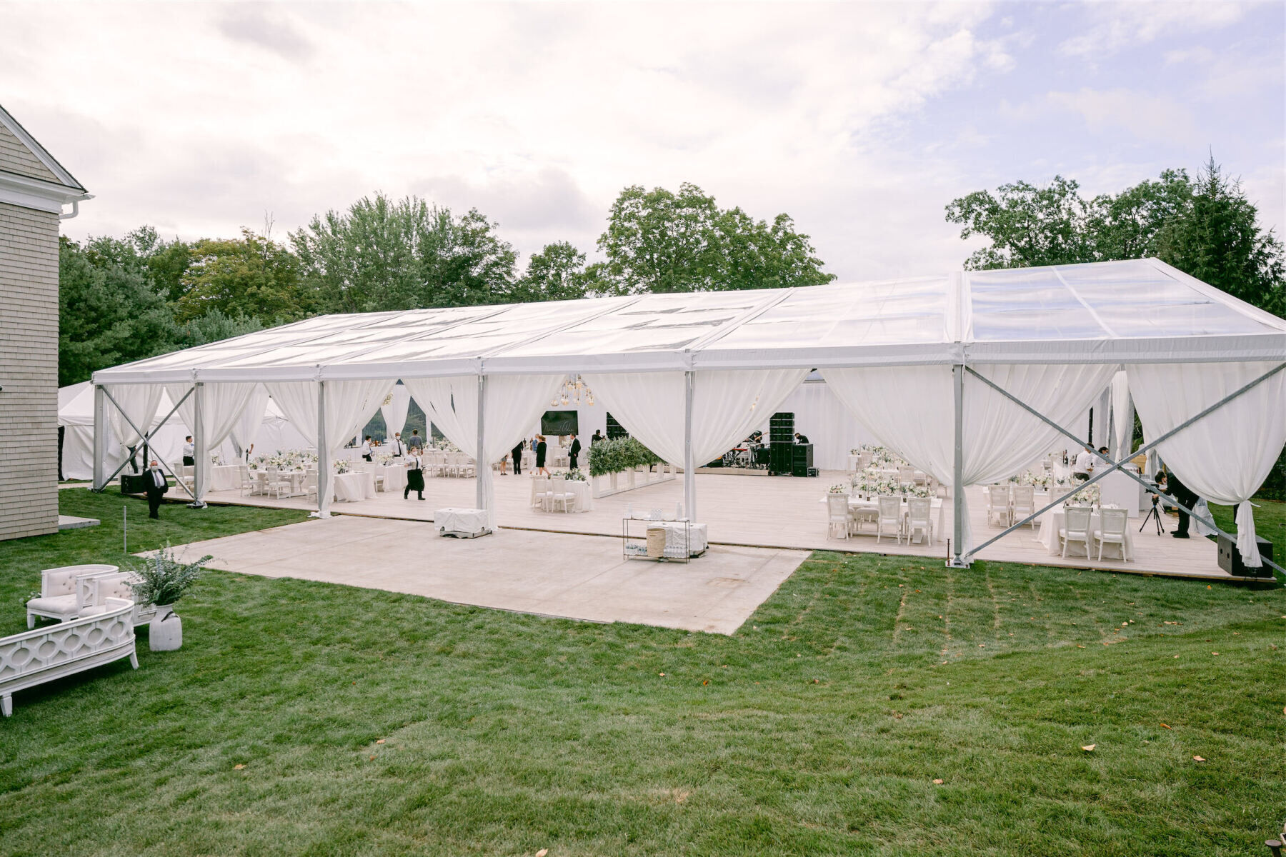 Wedding details: Opaque white open air tented wedding reception at the Mayflower Inn & Spa