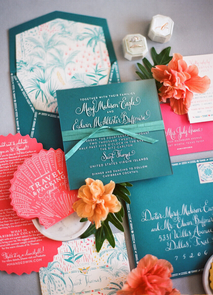 Wedding Etiquette Budget: Vibrant turquoise  and coral wedding invitation suite laid out on a blue backdrop