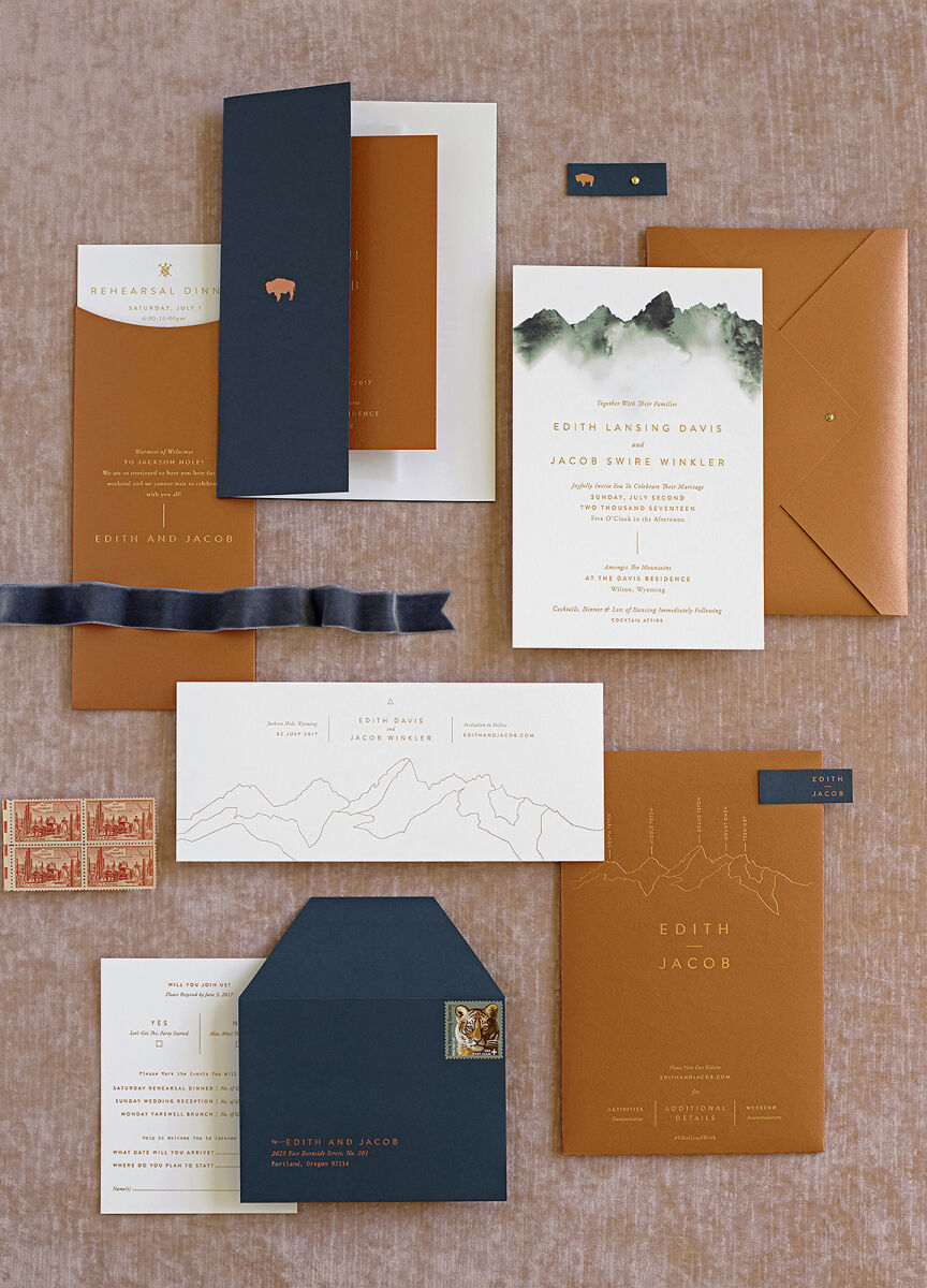 Orange and navy modern wedding invitation design by wedding invitation designer Bliss & Bone