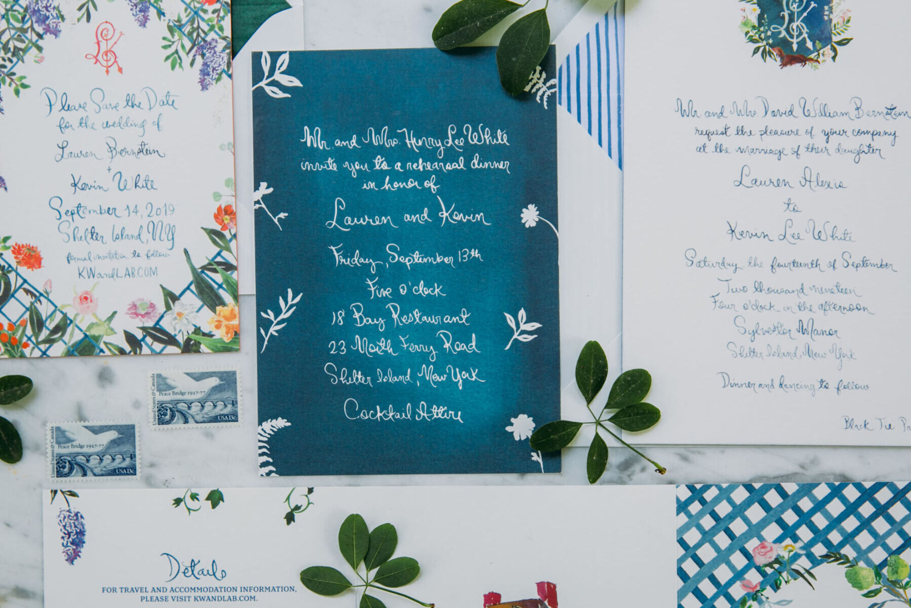 Blue and white floral hand drawn wedding invitation by wedding invitation designer Julie King Studio