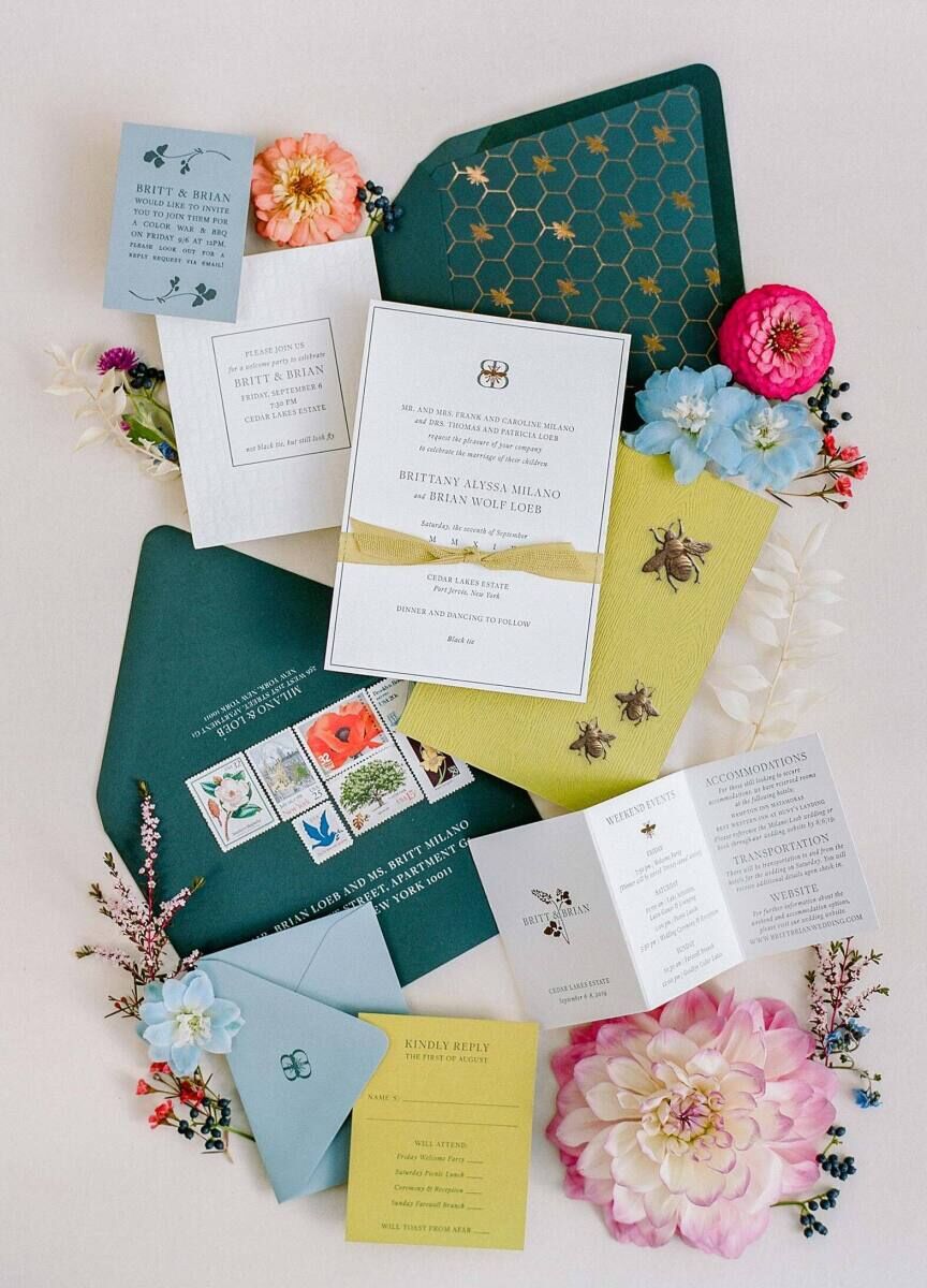 Vibrant classic wedding invitation designs by wedding invitation designer Robinson Press