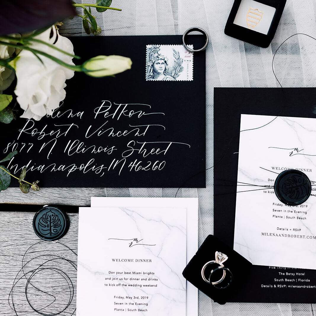 Stunning black and white wedding invitation designs by wedding invitation designer Bliss & Bone