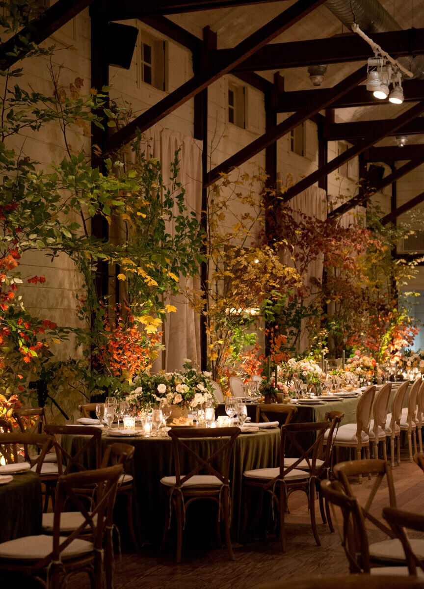 Wedding Tips: A low-light, autumnal-vibe reception space at Pippin Hill Farm.