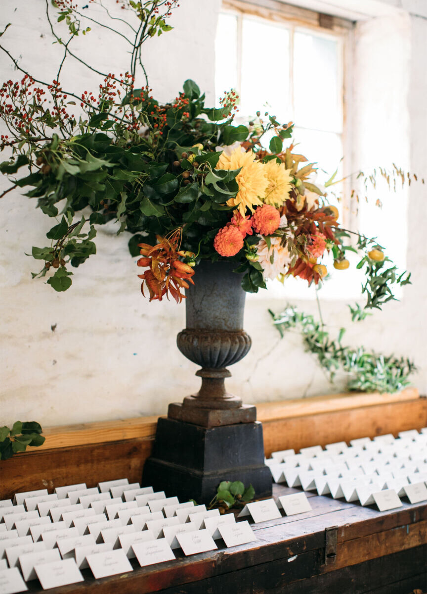 Wedding Tips: A large vase of flowers sitting in the middle of a table card escort table.